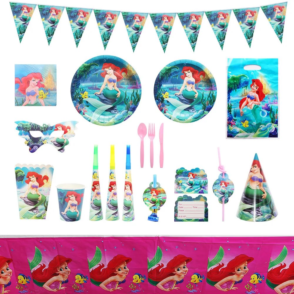 Disney Little Mermaid Party Decoration Birthday Disposable Tableware Supplies Paper Plates Cups Tablecloth Balloons Baby Shower