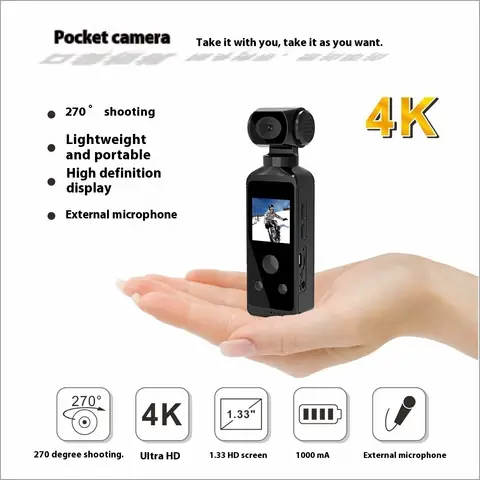 포켓 액션 카메라 4k HD Abs 휴대용 270 ° 회전 렌즈 광학 이미지 안정기 방수 야외 맞춤형 선물
