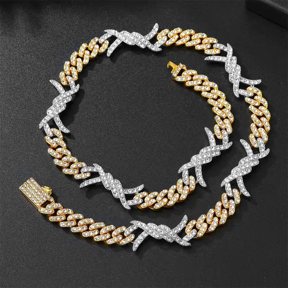 

Хип-хоп золотое микро-асфальтированное циркониевое колье Iced Out Bling Ожерелье для мужчин и женщин с колючим проволочным узлом Майами Кубинская цепочка-цепочка 14 дюймов