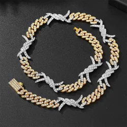 Hip Hop golden Micro Paved Zirconia Iced Out Bling Choker Necklace Men Women Barbed Wire Knot Miami Cuban Link Chain Jewelry 14