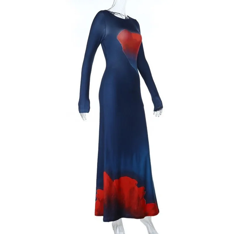 Herbst und Winter Wischen Premium Urlaub Elegante Neue Damen Hip Wrap Rock Sexy Blumendruck Rückenfreies Langarmkleid