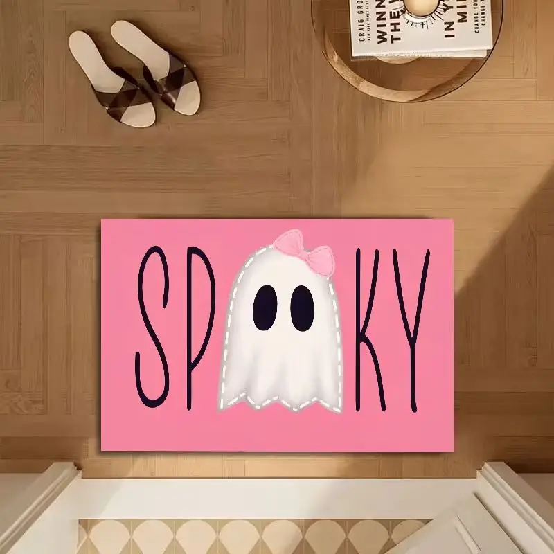 VIKAMA Halloween Door Mat Spooky Ghost Bow Pink Decors Door Mat Entryway Holiday Home Decor Aesthetic Art Premium Stunning