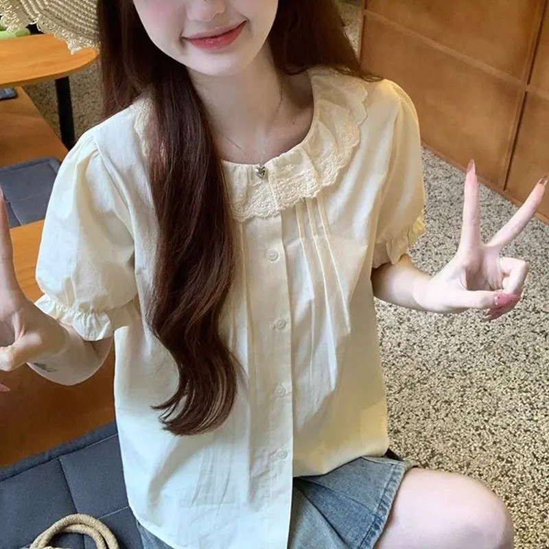 

Sweet Puff Sleeve Solid Color Blouse Female Clothing Short Sleeve Summer Folds Stylish Lace Patchwork Loose Casual Basic Shirts