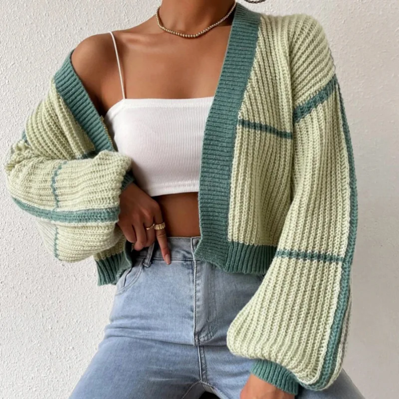 

Bobo Elegant Patchwork Color Knitted Sweater Coat Women Autumn Casual Preppy Style Cropped Jumper Retro Sweet Chic Cardigan Y2K