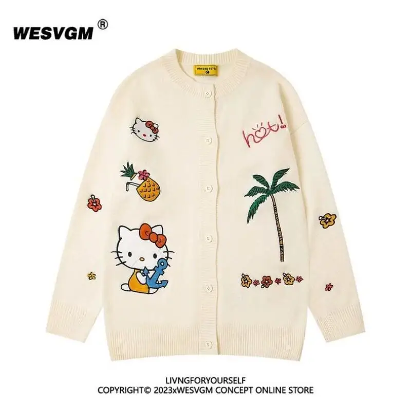 

Sanrio Hello Kitty Cardigan Knit Women's Autumn Winter American Vintage Playful Embroidered Loose Fit Relaxed Style Trendy