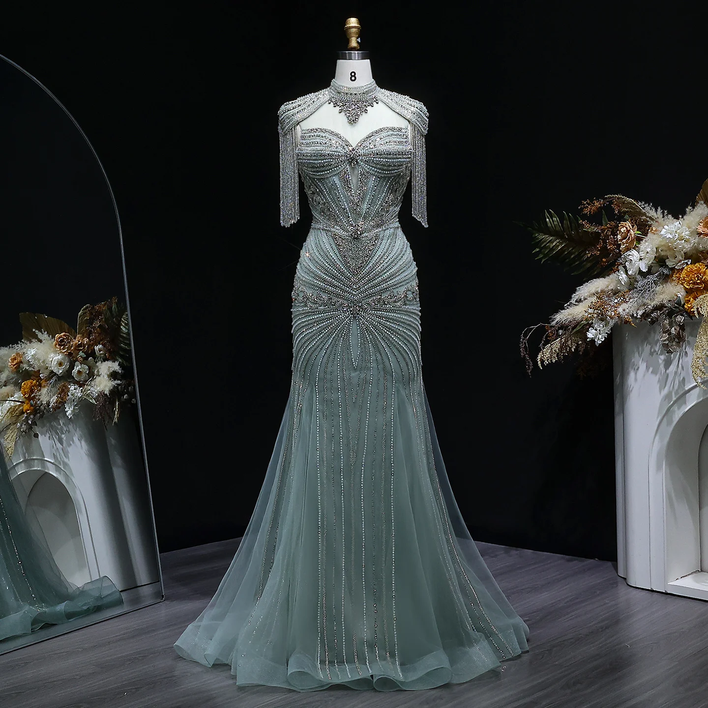 Sharon Said Arabisches Rosa Sweetheart Langes Meerjungfrauen-Abendkleid mit Cape-Quaste für Damen Hochzeitsfeier-Kleider SS190 Maßanfertigung – Detail 28