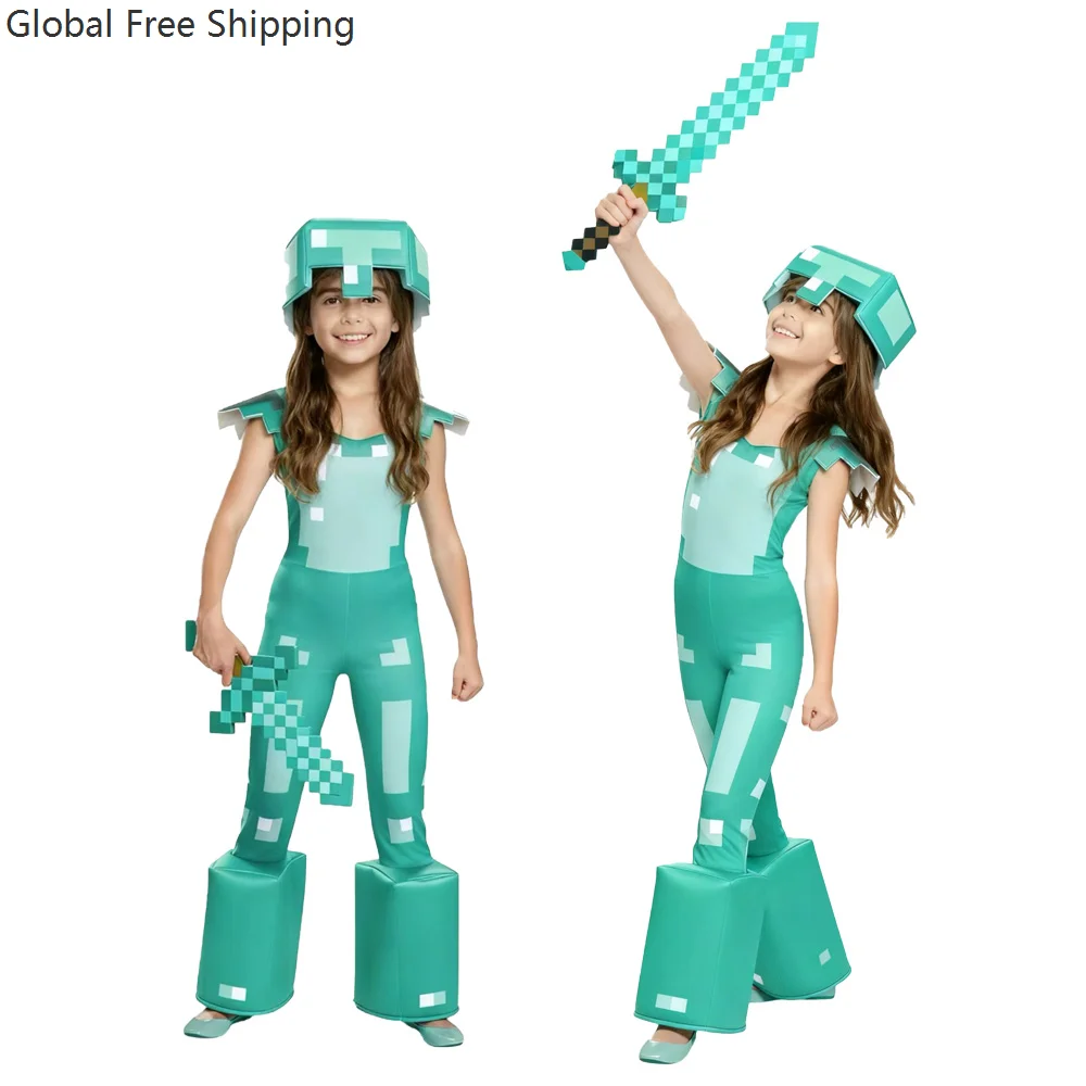 

New Halloween Mc Game Role-playing Suit Male Pixel Outfit Diamond Armor Jumpsuit Carnival Children's Performance Costume 2026