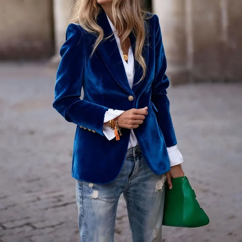 ヨーロッパとアメリカからの輸入、クロスボーダーベルベットを使用した、エレガントでフィット感のあるフェイクポケットが特徴の、高級でおしゃれなレディーススーツジャケット