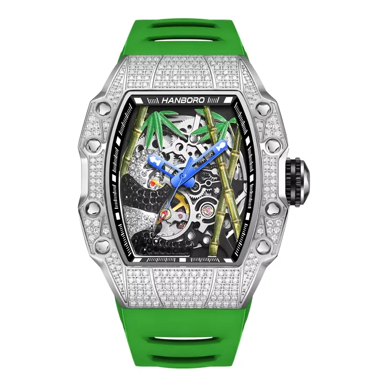 HANBORO Men Automatic Watch Tonneau Mechanical Wristwatch Luminous Sapphire Waterproof Skeleton Panda Bamboo Dial Miyota82S0