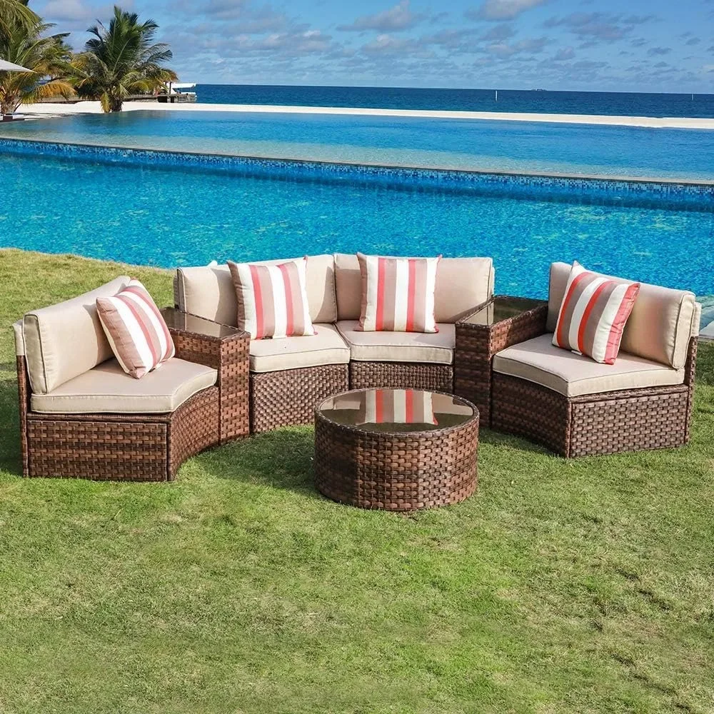 

7 Pieces Patio Furniture Set Outdoor Half-Moon Sectional Set with Waterproof Sofa Cover, Brown PE Wicker & Beige Cushion