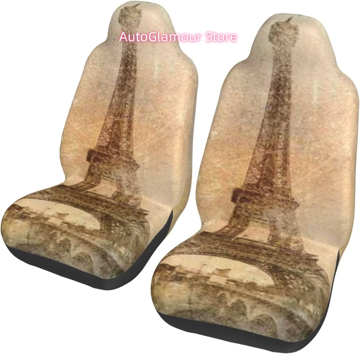 Retro Styled Background Eiffel Tower Universal Car Seat Covers 2-Piece Set - Stretch-to-Fit Front Seat Protectors for Cars, Truc