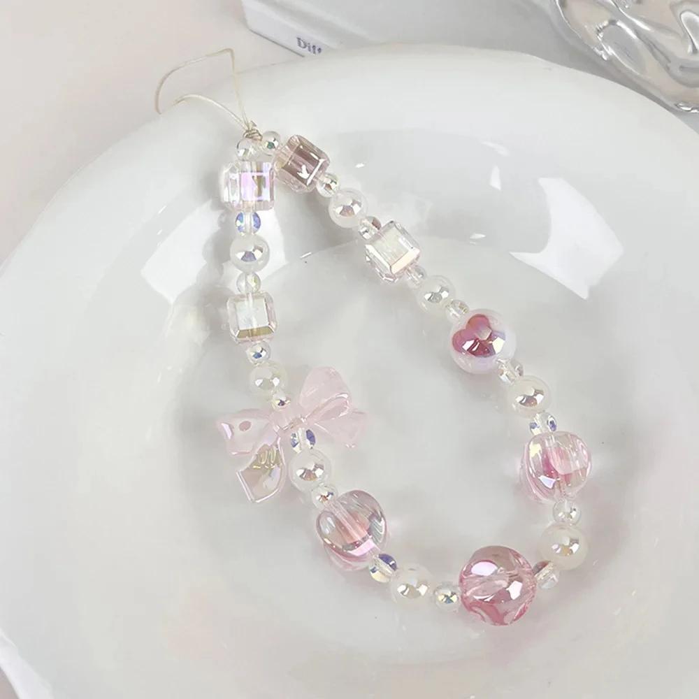 Sweet Candy Color Mobile Phone Chain Cute Bow Beaded Cellphone Pendant Charms Women Cell Phone Case Anti-loss Lanyard Jewelry image 5