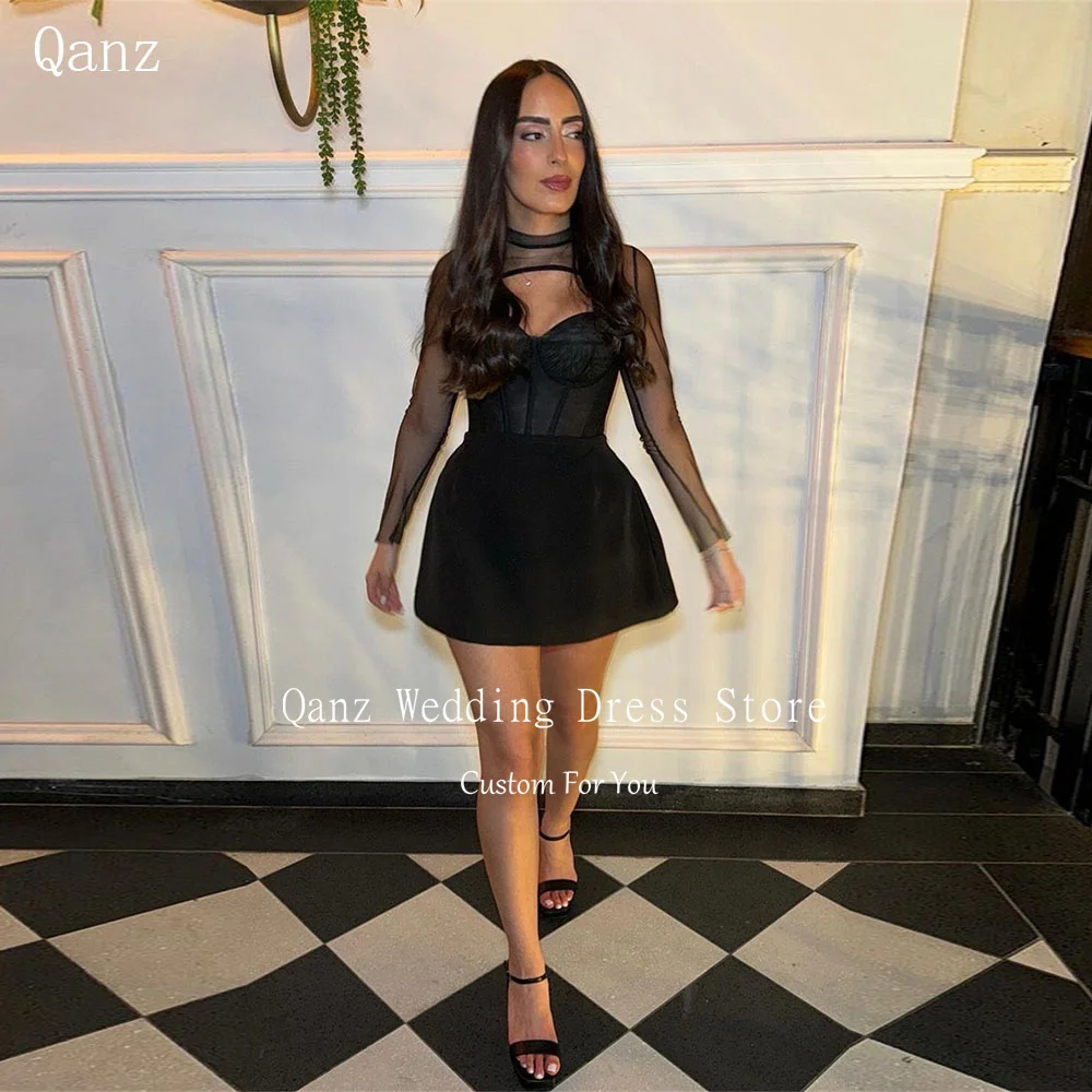 

Qanz Short Prom Dresses Long Sleeves Mini Robes De Cocktail Lace Up Back Satin Black Dresses for Special Occasions Customized