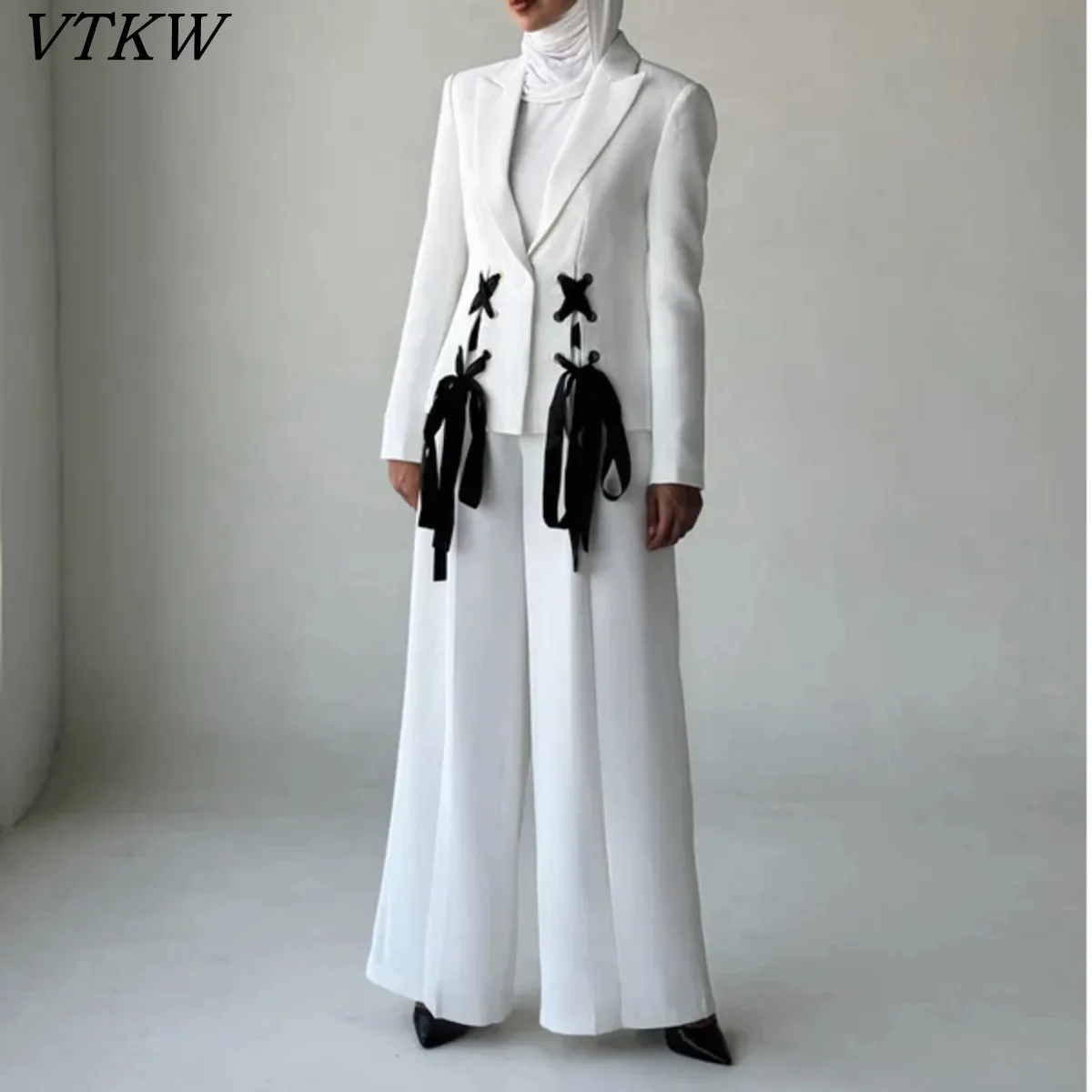 

VTKW 2023, весенне-летний комплект из двух предметов, женский гладкий пиджак с бантом, Detai, широкие брюки с высокой талией, повседневный элегантный модный комплект