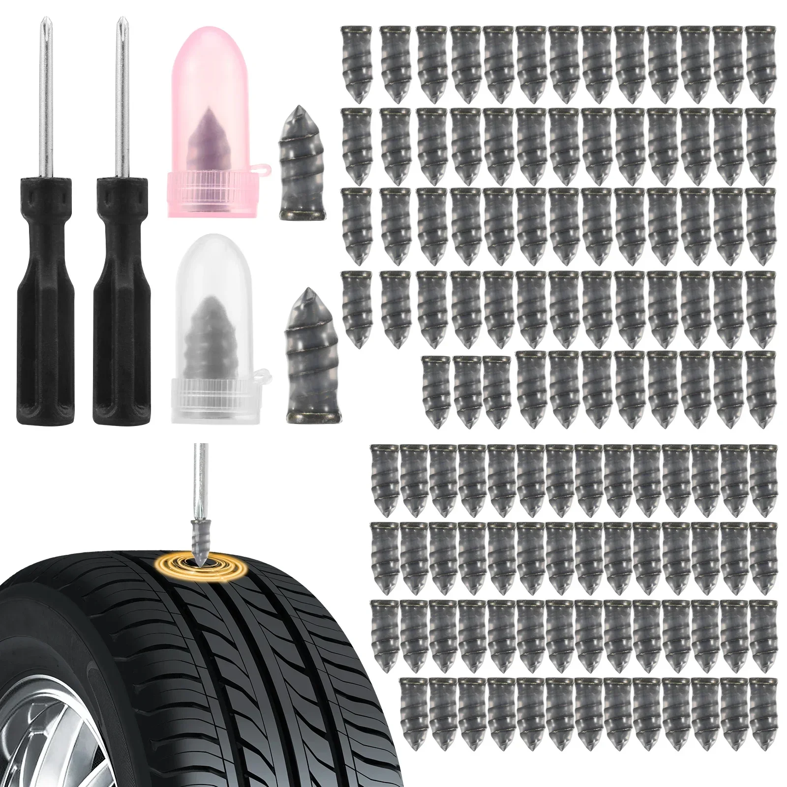 120PCS Tire Repair Rubber Nail Reliable Tire Plug Kit with 2 Screwdriver Screw Type Tyre Repair Nail Kit for Car Motorcycle