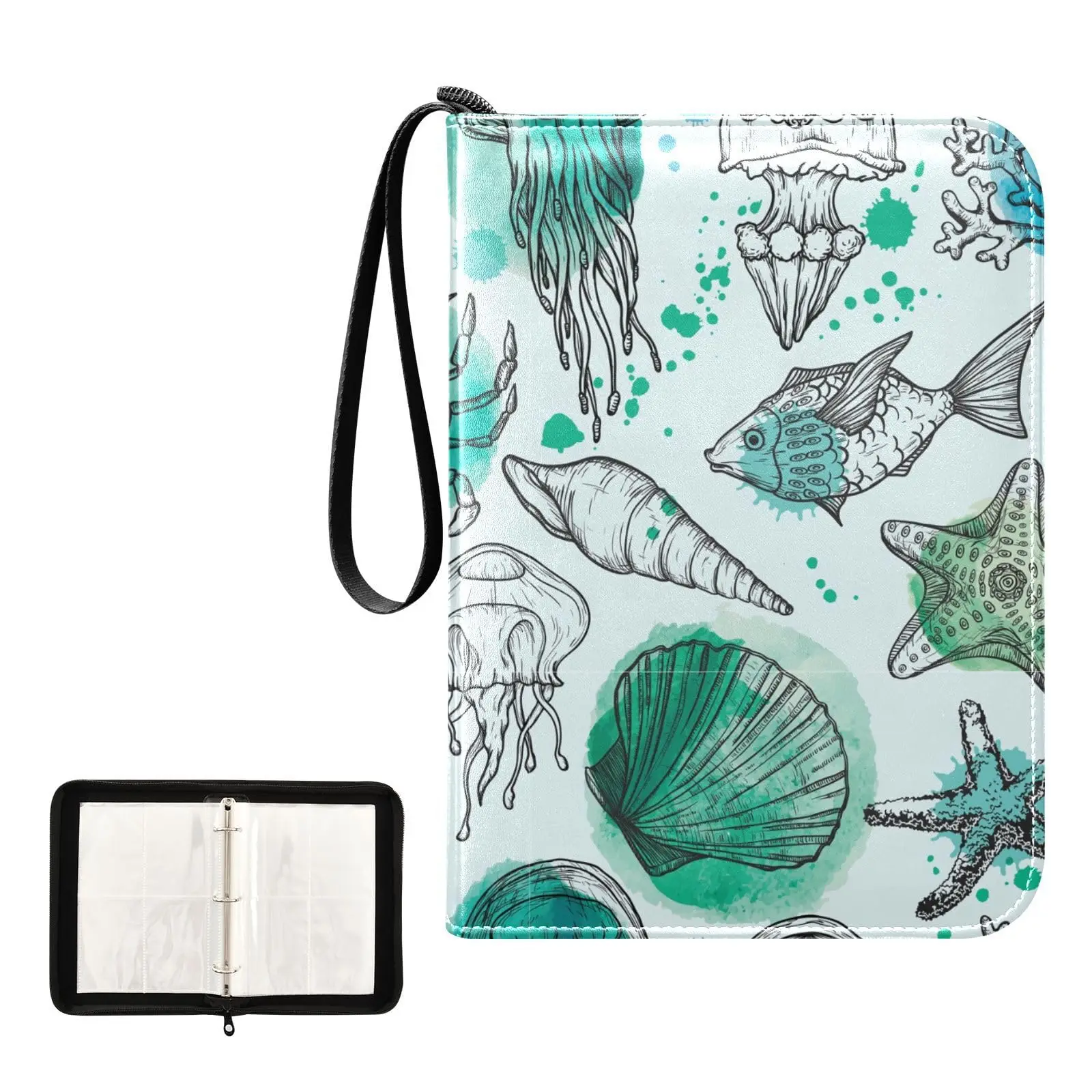 Seashells Beach Starfish Seahorse 4 Pocket Card Binder, 400 Double Sided Pocket Album Game Cards, Unique Card Collection Storage