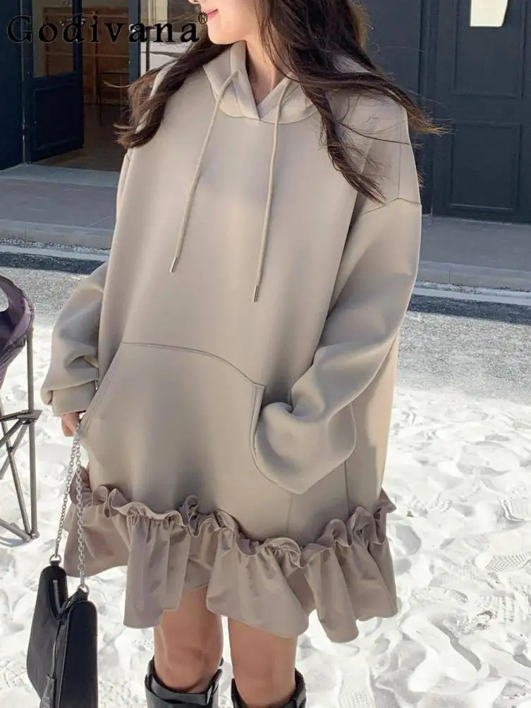 

2026 Spring and Autumn New Ruffled Women's Hooded Sweatshirt Dress Fashionable Loose Casual Versatile Dress