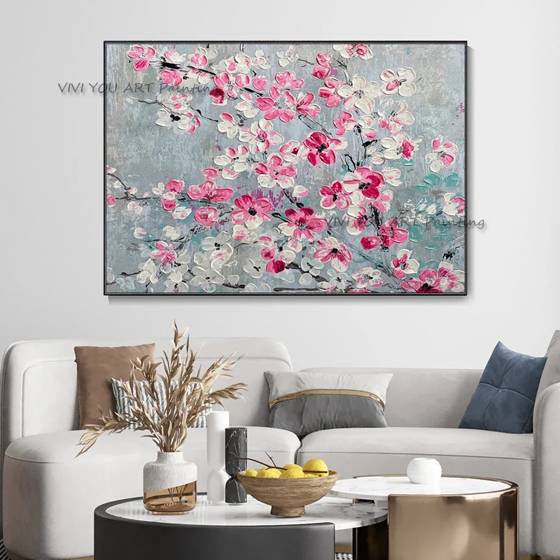 High Quality Hand Made Flower Oil Painting On Canvas Nature Picture Pink Creative Color Home Decoration Warm Flora Wall Decor