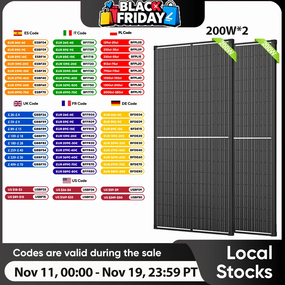 WERCHTAY 200W Solar Panel 12 Volt Monocrystalline Solar Panel 18BB Cells High Efficiency Module RV Marine Boat Caravan Off Grid