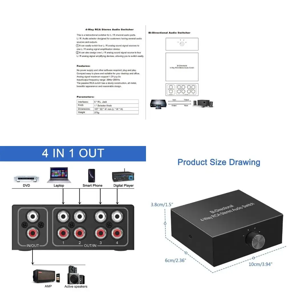 

Strong Anti-interference L/R Sound Channel Switcher Splitter RCA Stereo Switch Selector Ports Metal for Case