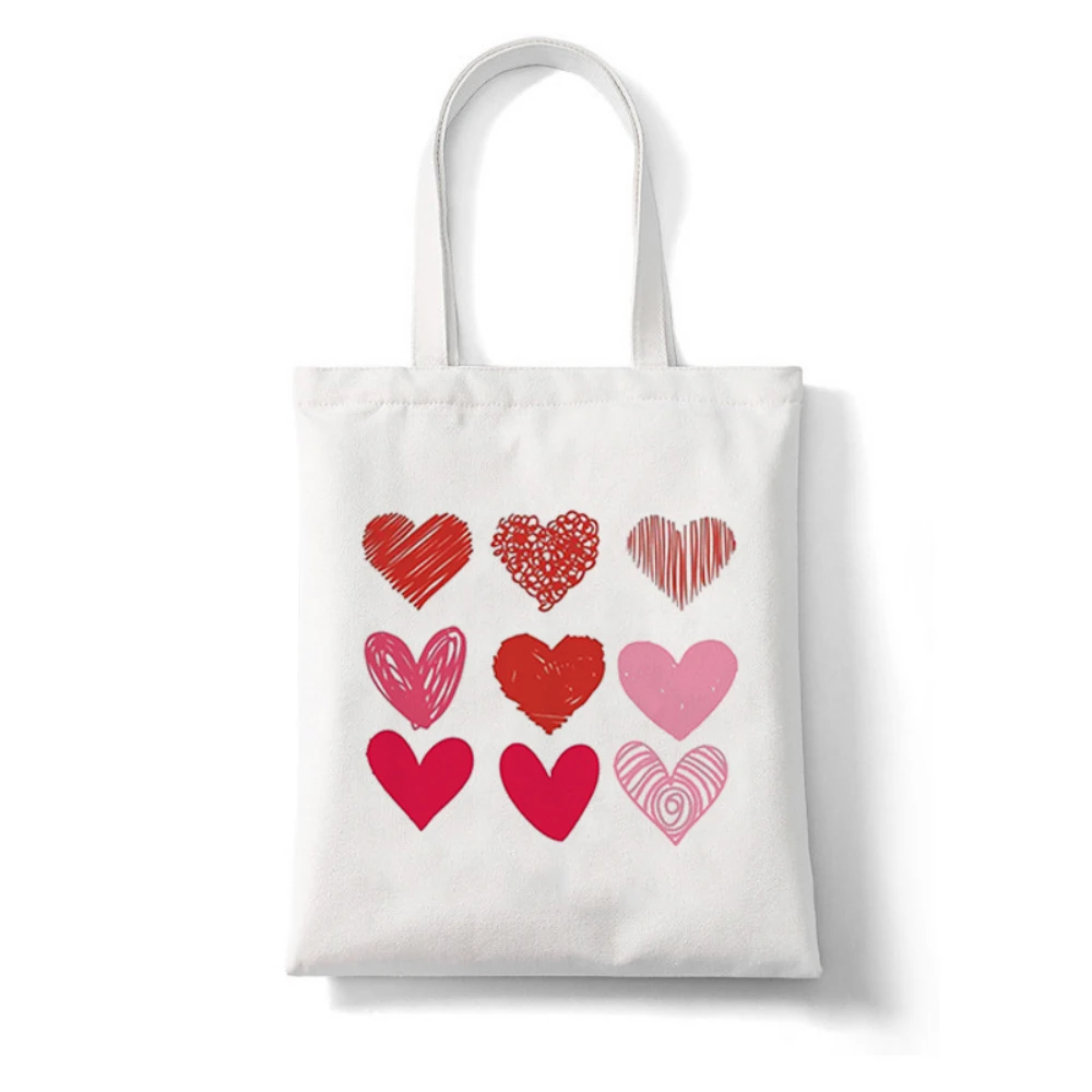 Nine Mixed Sketch Style Red Pink Hearts Grid Canvas Tote Bag Handbag For Women Daily Grocery Shopping And Casual Outings