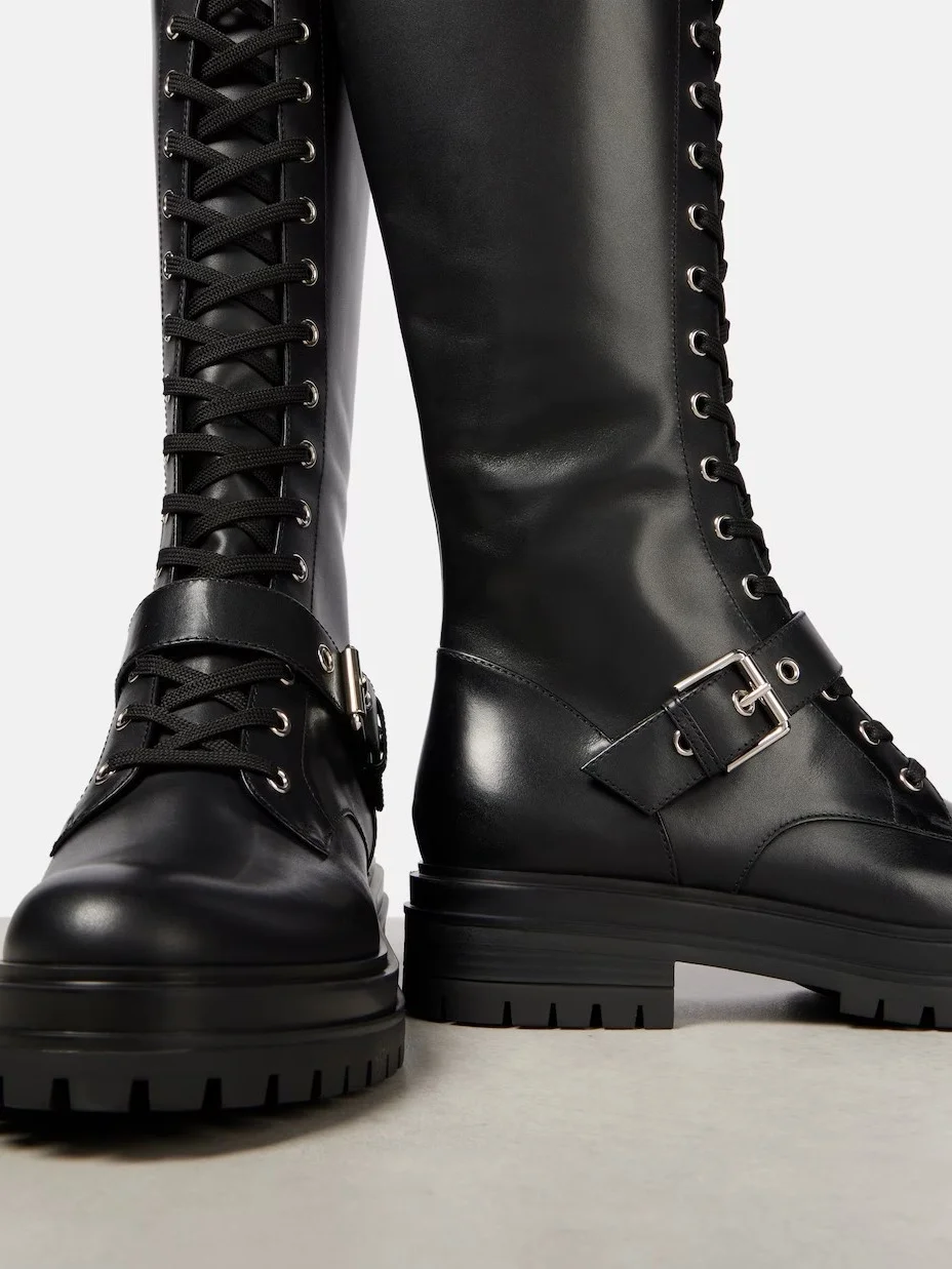 Women's Black Leather Knee High Lace Up Boots Chunky Sole Combat  Long Boots Trendy Buckle Decor Punk Large Size Ladies Shoes