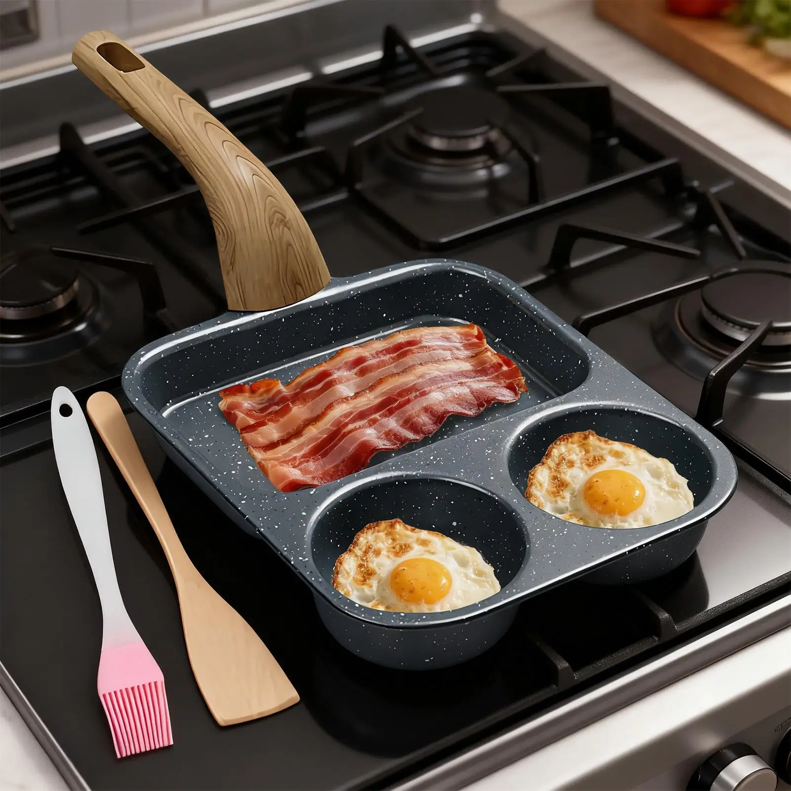 

Сковорода для яиц, 3-секционная антипригарная сковорода для завтрака с лопаточкой и кистью, разделенная кастрюля для эффективной подготовки еды, кухни, столовой