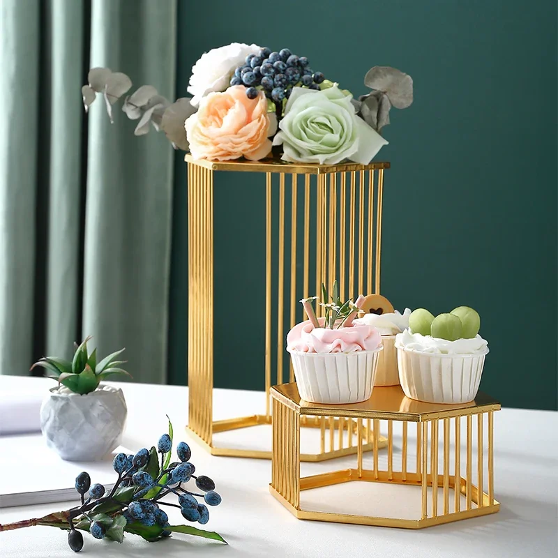 Nordic Wrought Iron Hexagon Dessert Stand Creative Pedestal Display for Luxury Afternoon Tea Serving