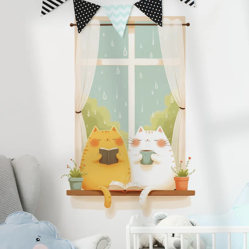 

Window Cat Wall Sticker Cute Animal Background Wall Decoration Bedroom Bedside Stickers Desk Sticker Self-Adhesive Removable