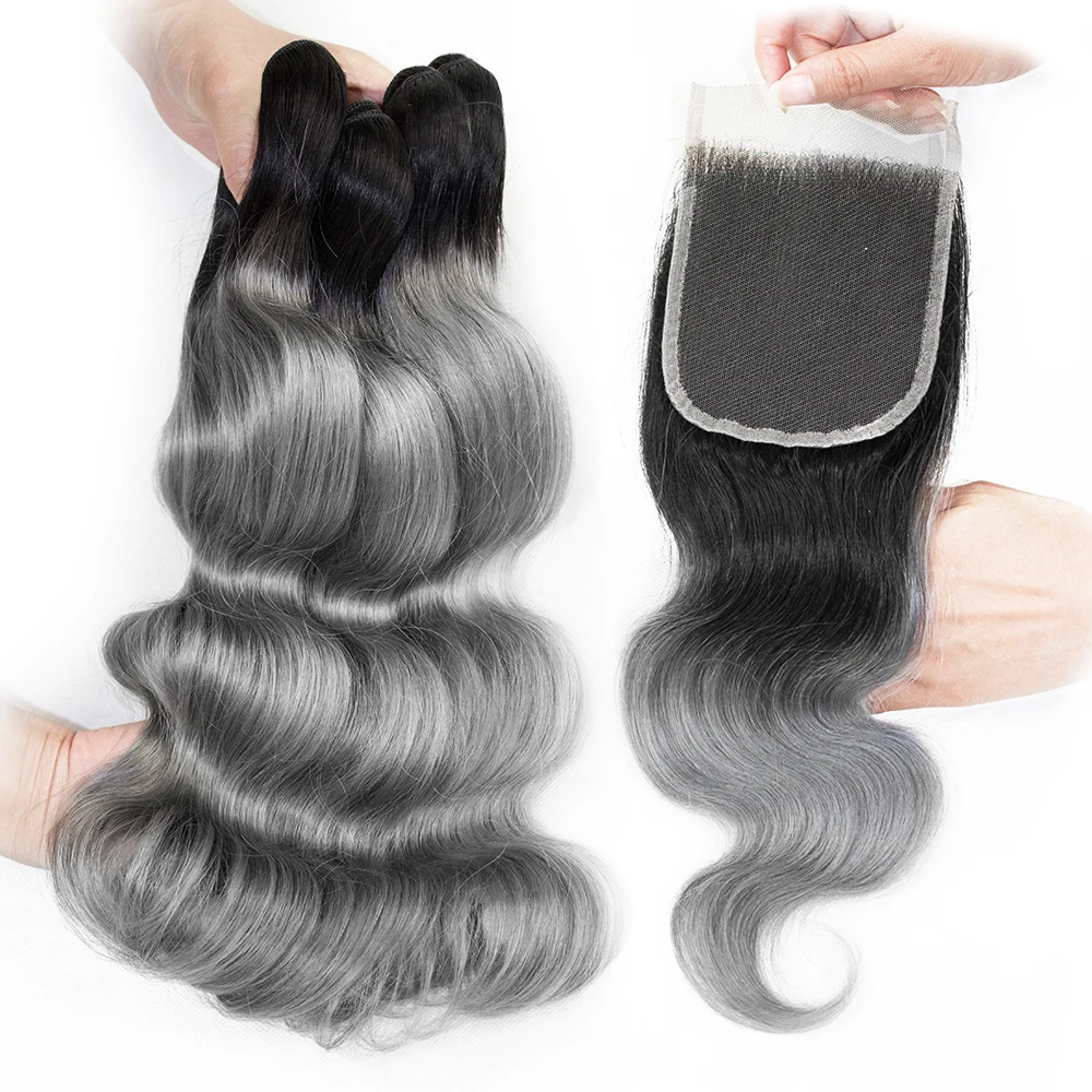 1B Deep Grey Body Wave Human Hair Bundles With 4x4 Lace Closure Pre-Plucked Indian Remy Hair Extensions 95-100g/Pc Double Weft