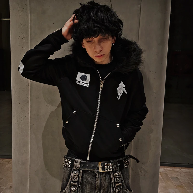 Harajuku Y2K ретро эстетичная толстовка унисекс повседневная молния кардиган с принтом меховой воротник толстовка рок-панк хип-хоп гот уличная одежда