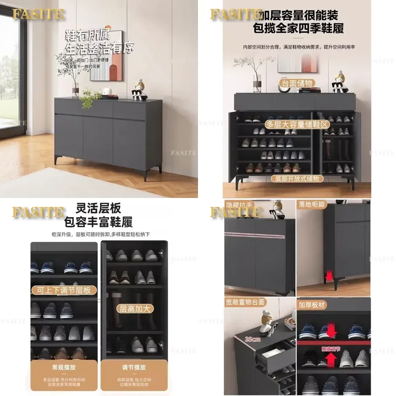 For Solid Wood Shoe Cabinet Wabi Sabi Black Large Capacity Entrance Storage Wall Mounted Home Doorway Organizer 2025 New