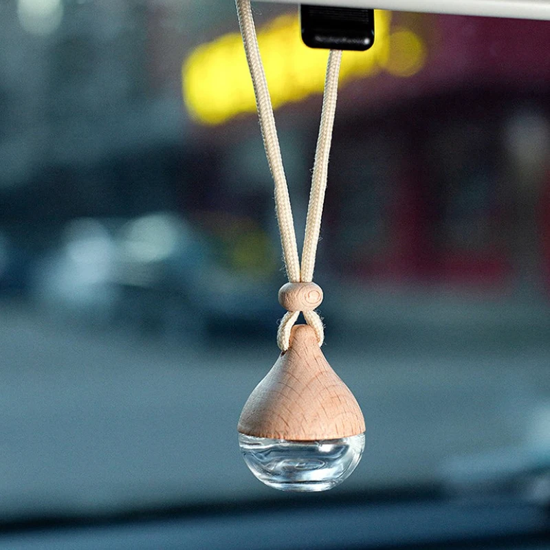 6ml Empty Pendant Auto Perfume Frosted Mini Perfume Bottles With Wood Lid Frosted Glass Bottle Essential Oil Container Portable