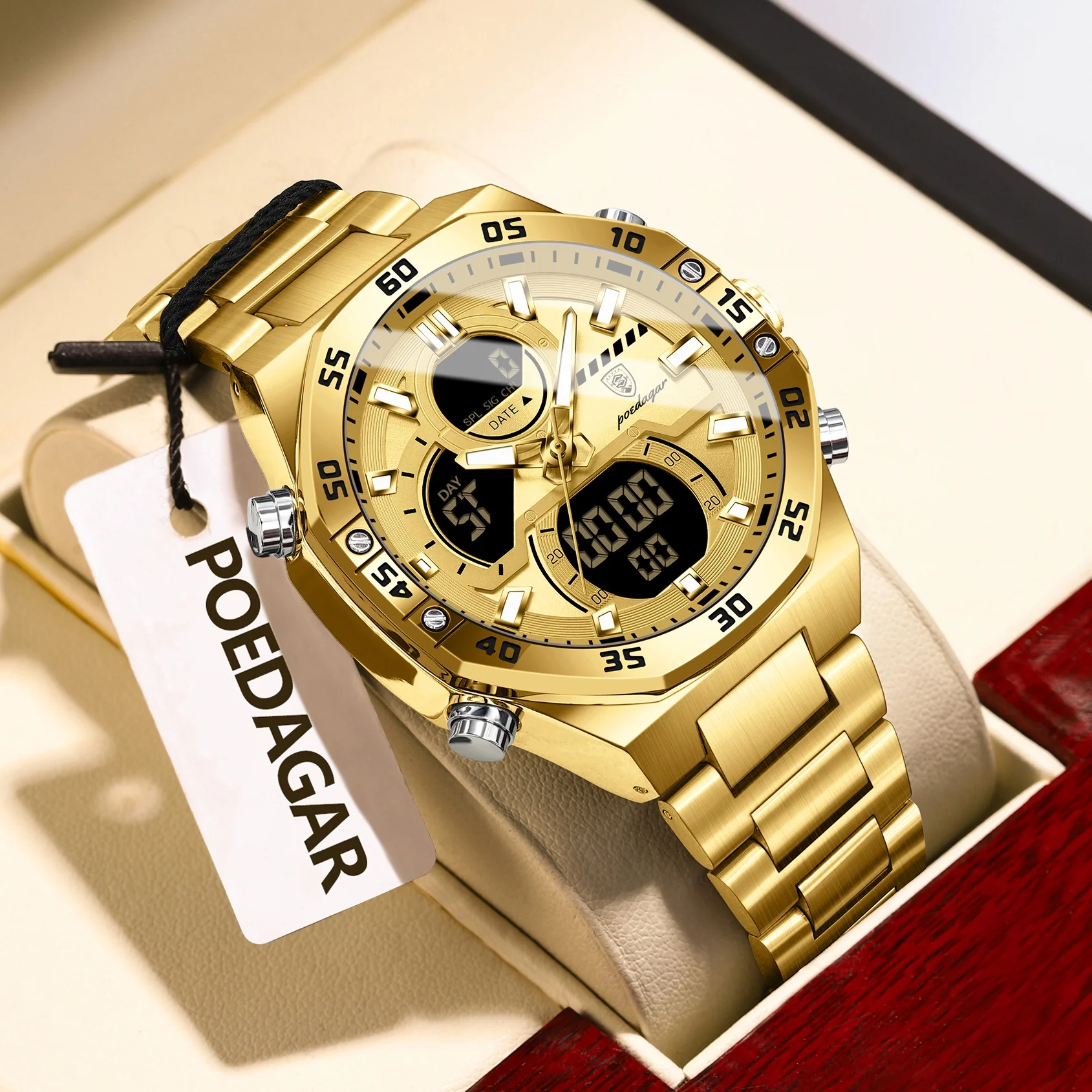 POEDAGAR Top Quartz Men Clock LED Luminous Waterproof Week Date Man Watch Stainless Steel Fashion Military Digital Men's Watches