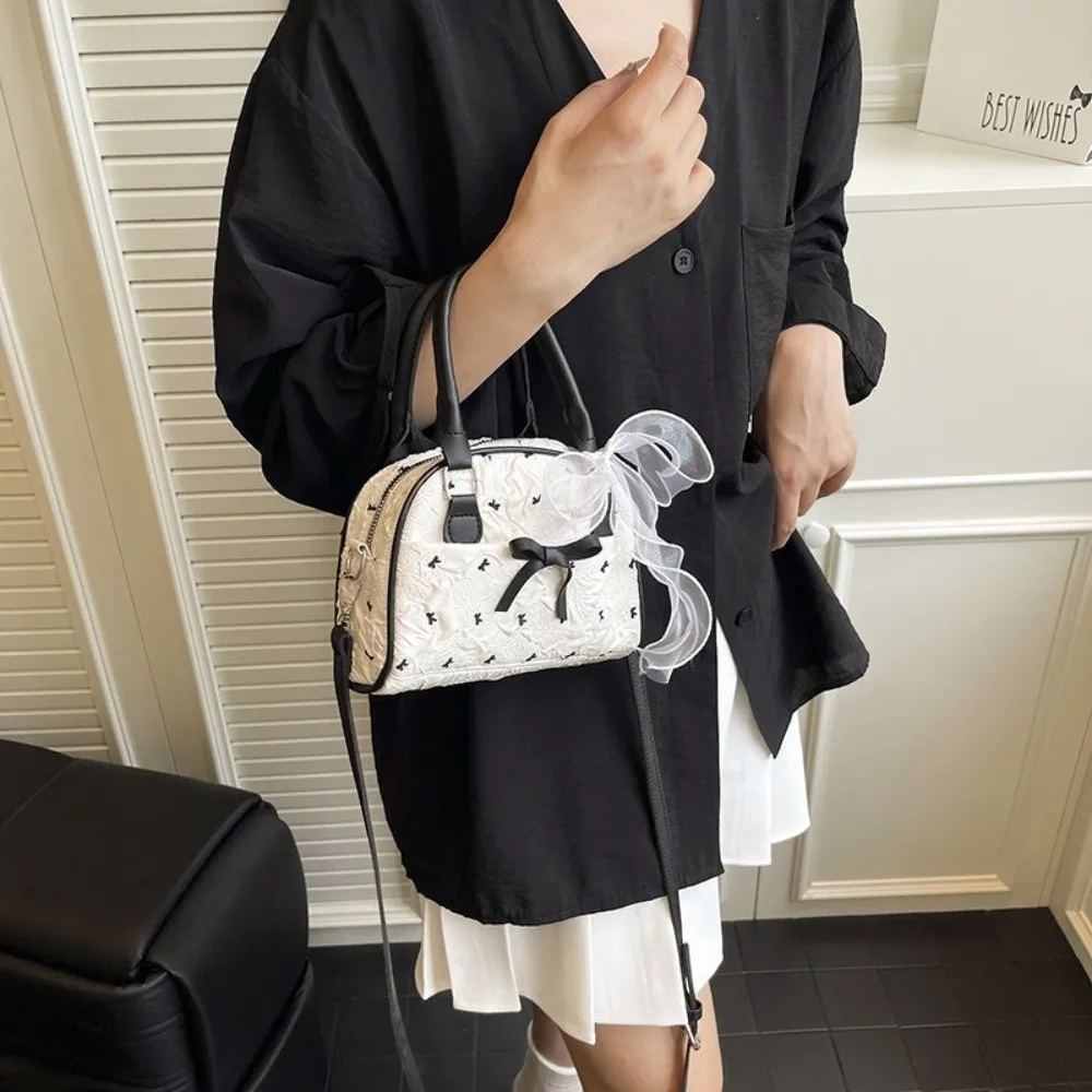 

Fashion Stylish Bow Bowling Bag Small Sweet Ribbons Shoulder Bag Leisure Versatile Women's Handbags Purse