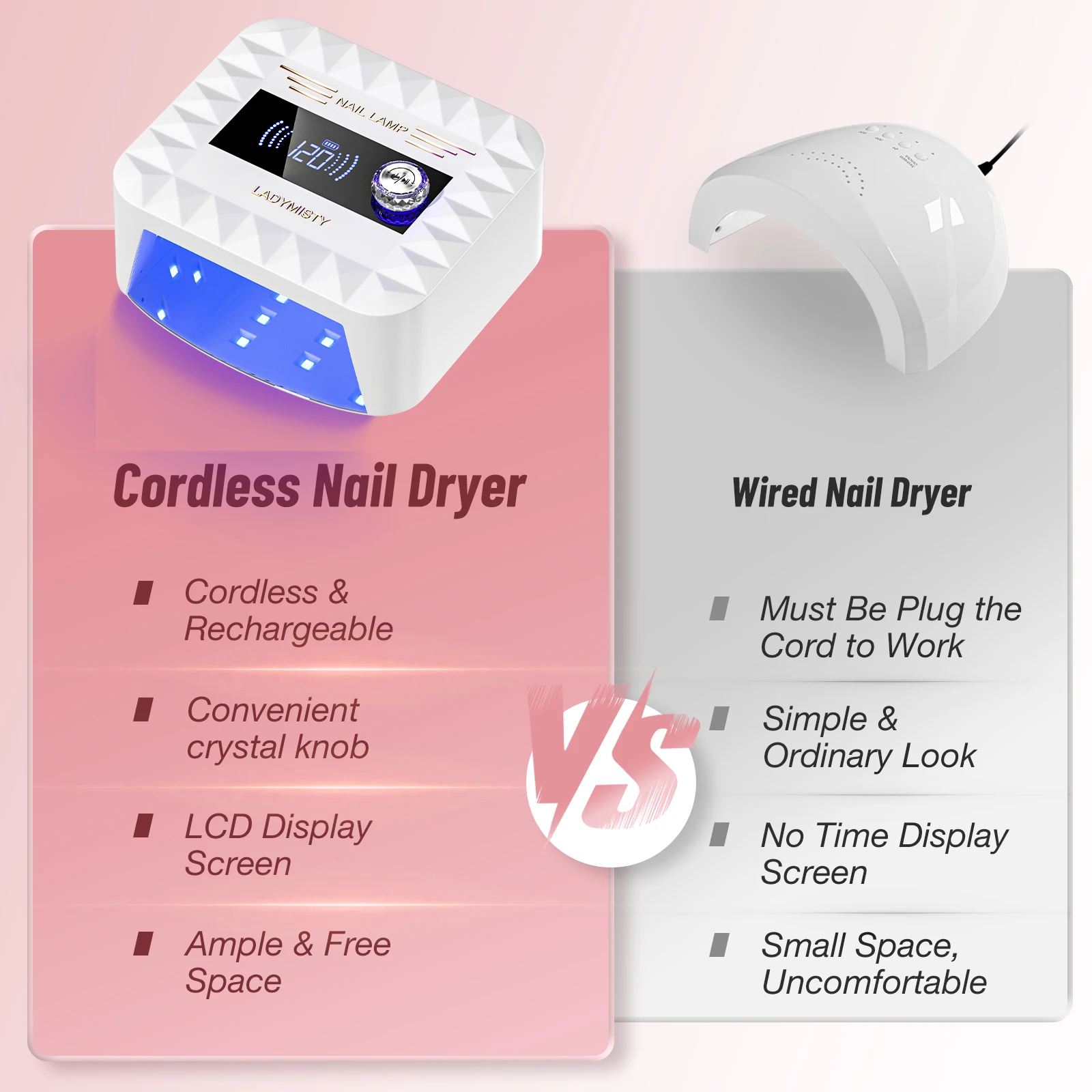 268W UV Nail Lamp Cordless LadyMisty UV Light for Gel Nails with Convenient Knob, Dual Light Source Precise Curing & LCD Display