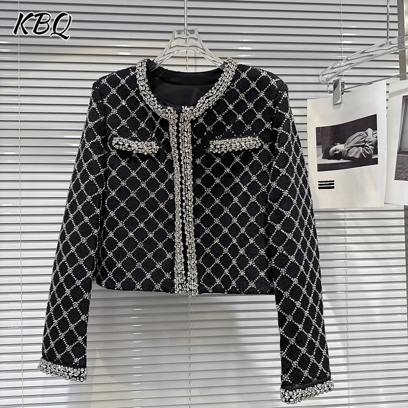 

KBQ хитовые цветные шикарные пальто со сращенными карманами для женщин, свободные куртки с круглым вырезом и длинными рукавами в стиле пэчворк с бриллиантами, женская мода, новинка