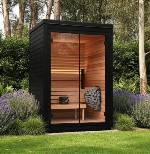 Sturdy Family Sized Outdoor Cubic Redwood Sauna Meticulously Crafted Traditional Sauna Offering Great Value Organic Wellness