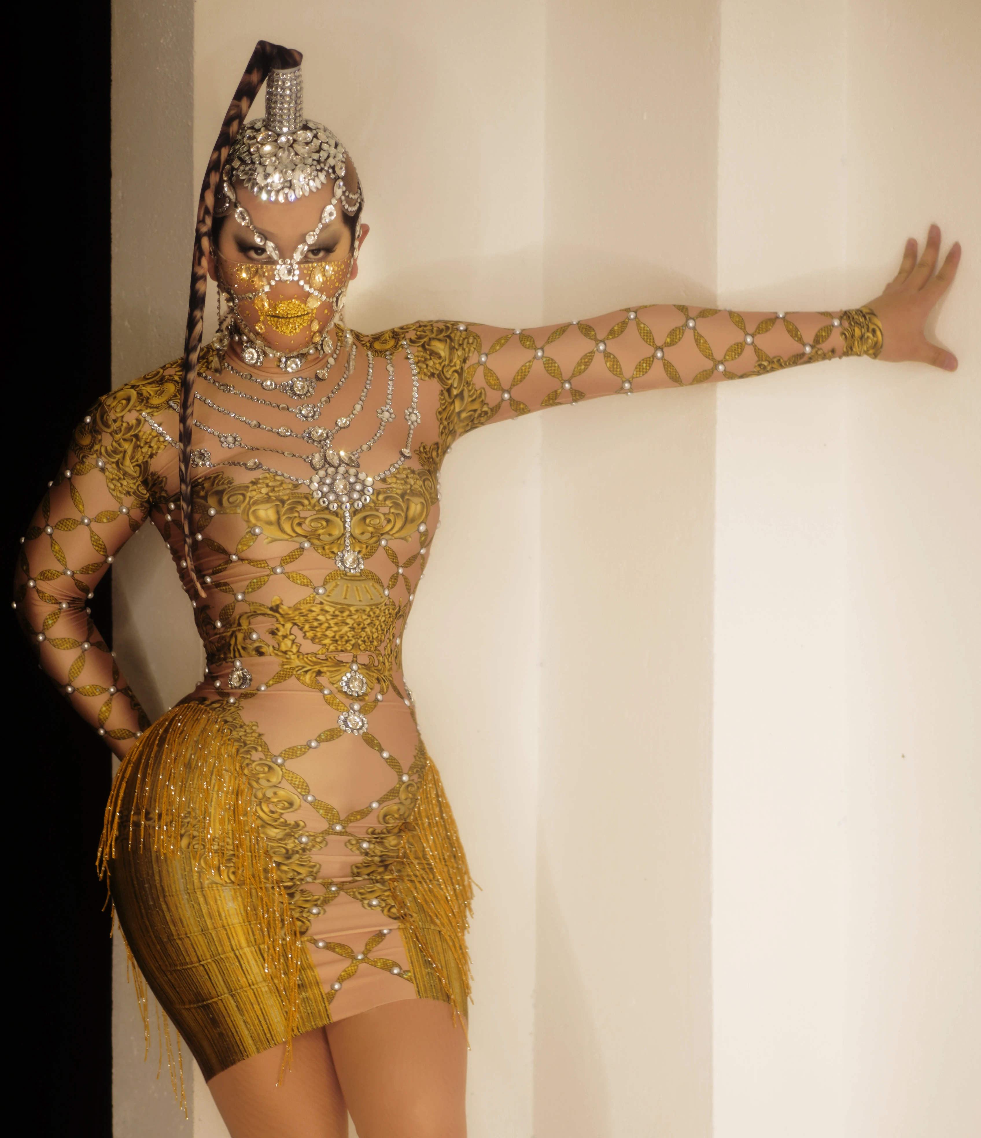 

sexy gold tassels rhinestones long sleeve dress drag queen costumes singer party birthday club stage ​evening celebrate wear