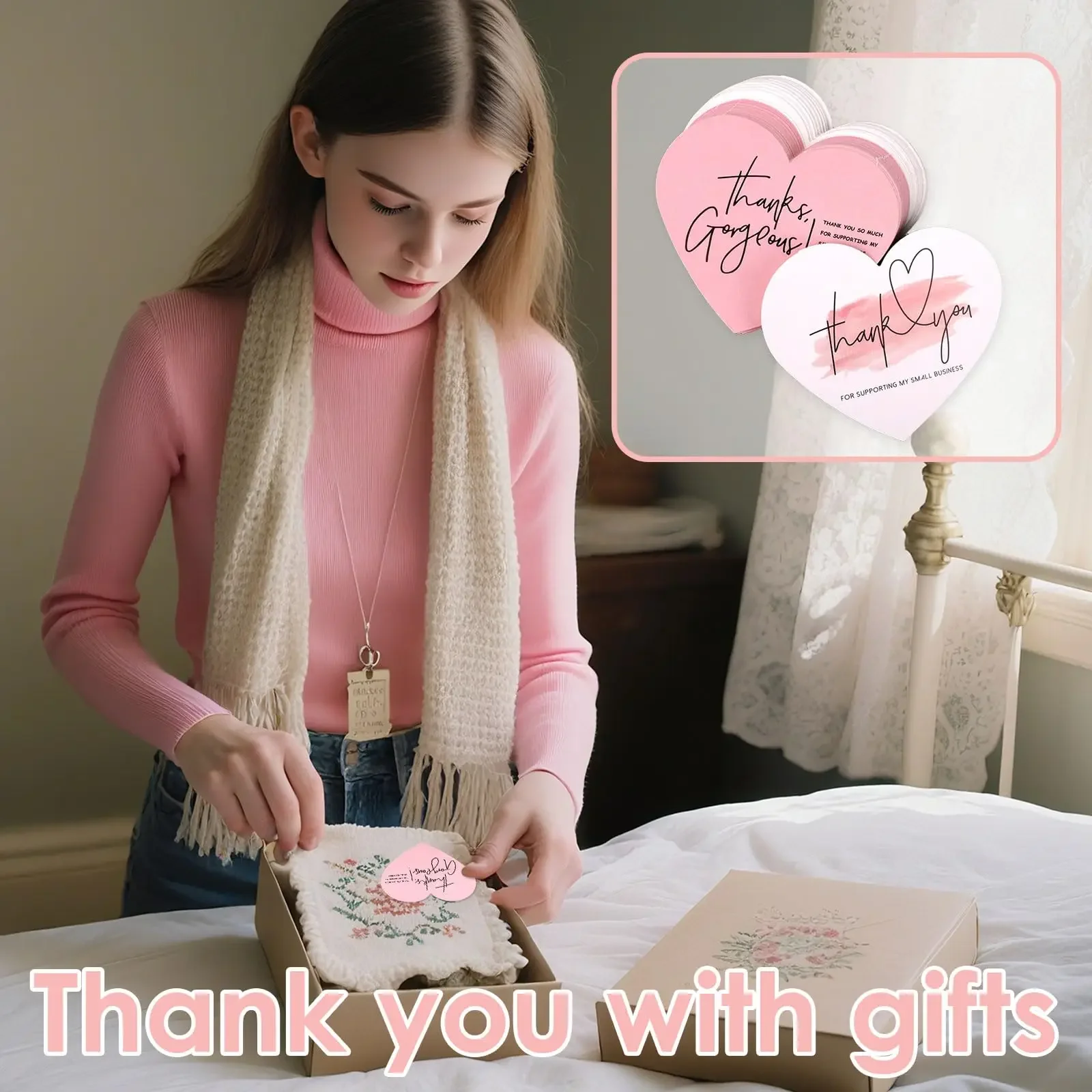 Liebesherz-Dankeschön-Anhänger, rosa Grußkarten für kleine Unternehmen, Verpackung, Geschenkanhänger, Schmuckkarten-Set, 50/100 Stück – Detail 5