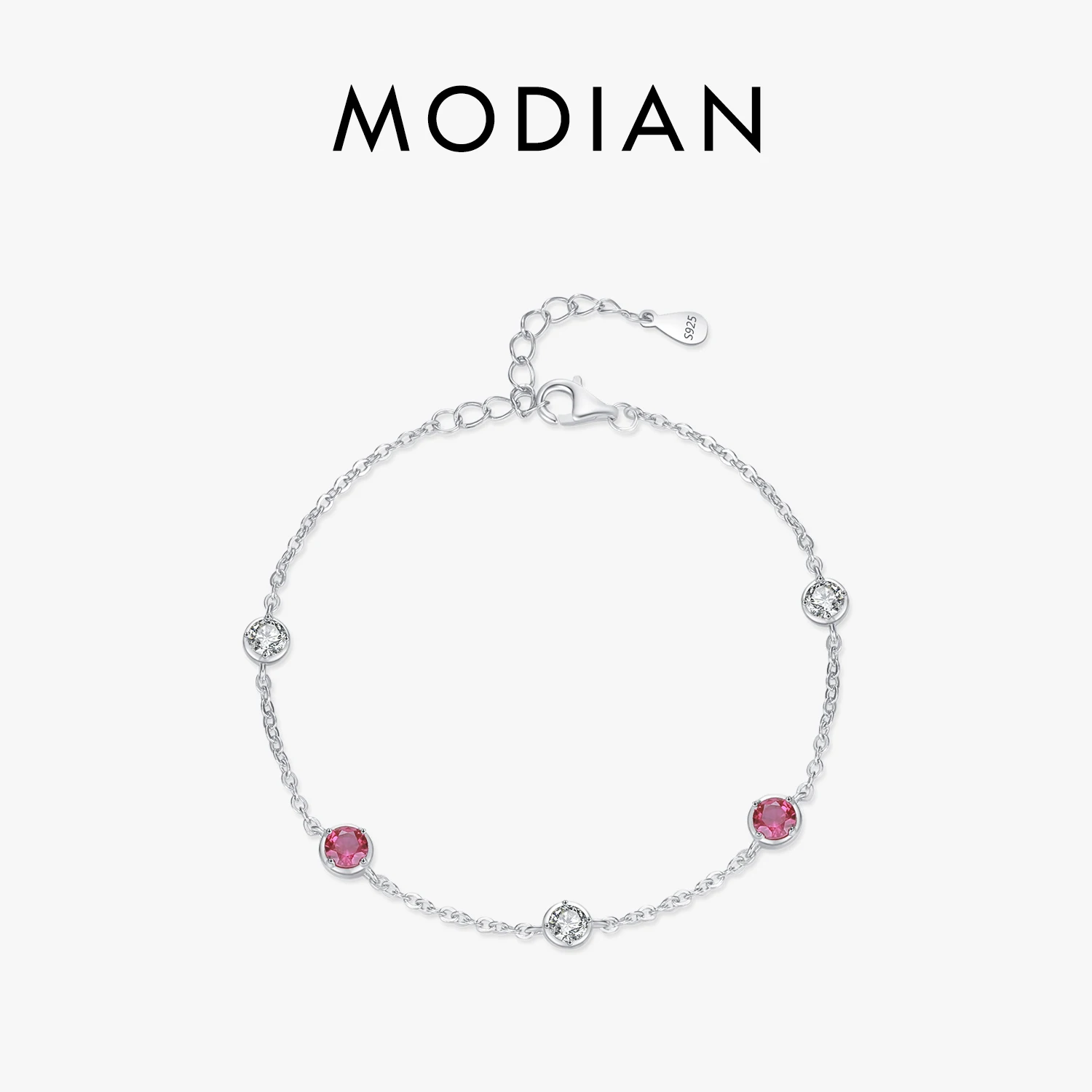 

MODIAN 925 Sterling Silver Dazzling Prong Setting Round Red CZ Bracelet Link Chain Adjustable For Women Party Fine Jewelry Gift