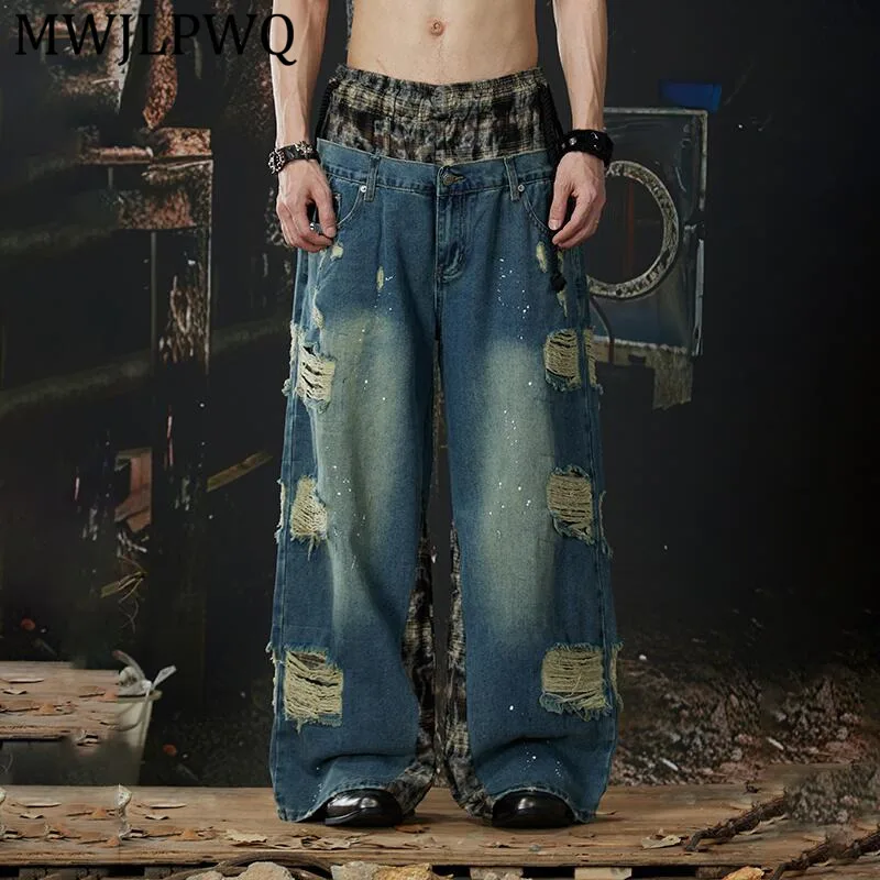 

Мужские новые джинсы MWJLPWQ: прочные, деконструированные, с двойным поясом, потертые, винтажные, свободного прямого кроя, весна 14159