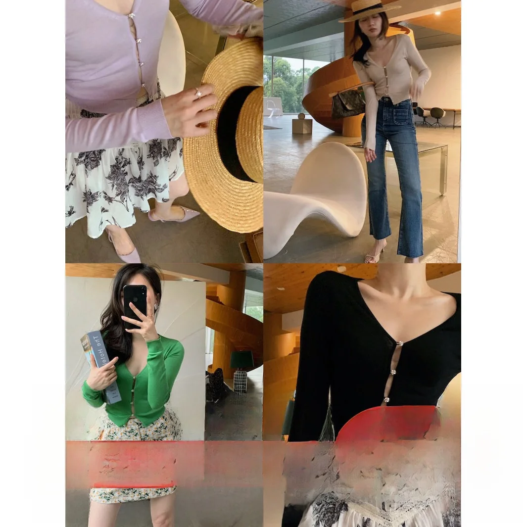 

Женский тонкий мягкий кардиган Lowey Diamond Button Ear Basic из трикотажа с V-образным вырезом, повседневный, из смесового хлопка, с длинными рукавами