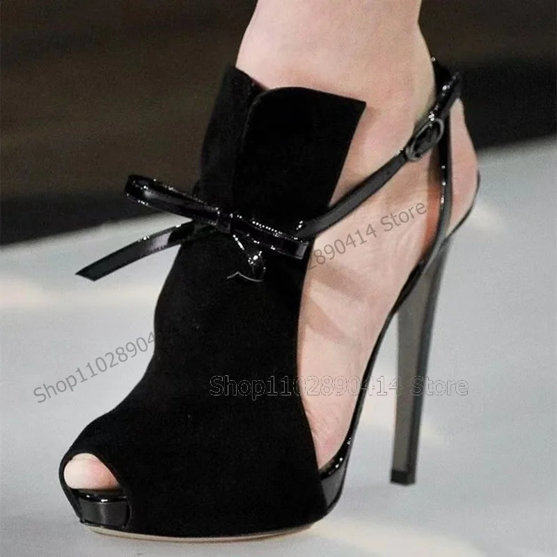 Black Bow Knot White Peep Toe Runway Pumps Ankle Buckle Strap Women Shoes Thin High Heels Fashion Party 2024 Zapatos Para Mujere