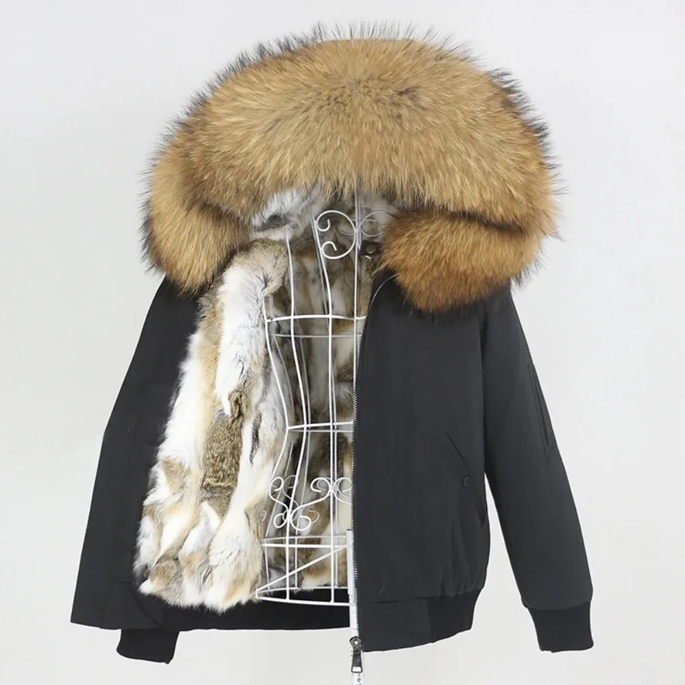 Woemen Reality Fur Jacket Waterproof Bomber Parka Winter Rabbit Fur Coat 2025 Natural Fox Raccoon Fur Collar Hood Removable New