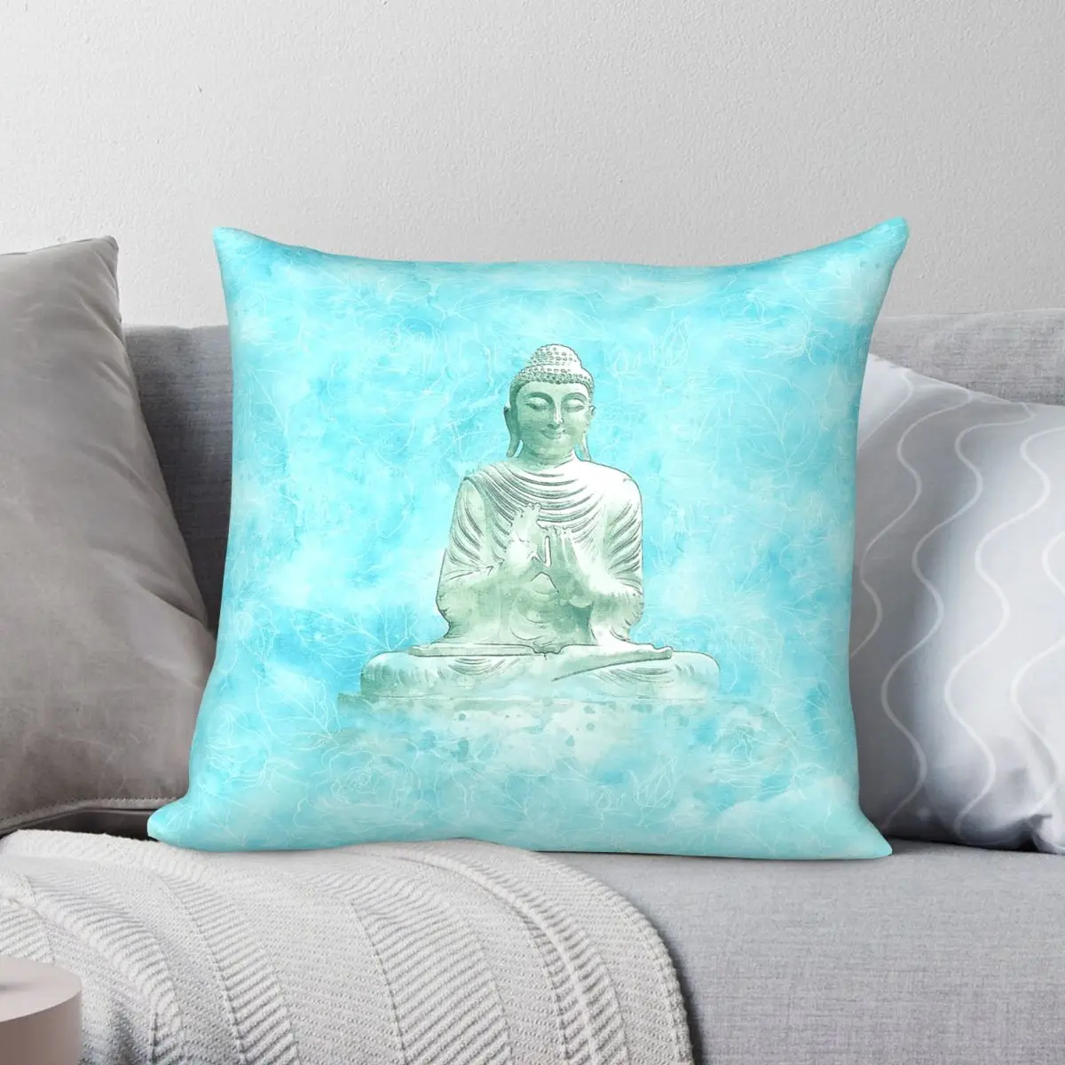 Zen Buddha Meditation Statue Turquoise Square Pillowcase Polyester Linen Velvet Pattern Zip Decor Pillow Case Car Cushion Cover