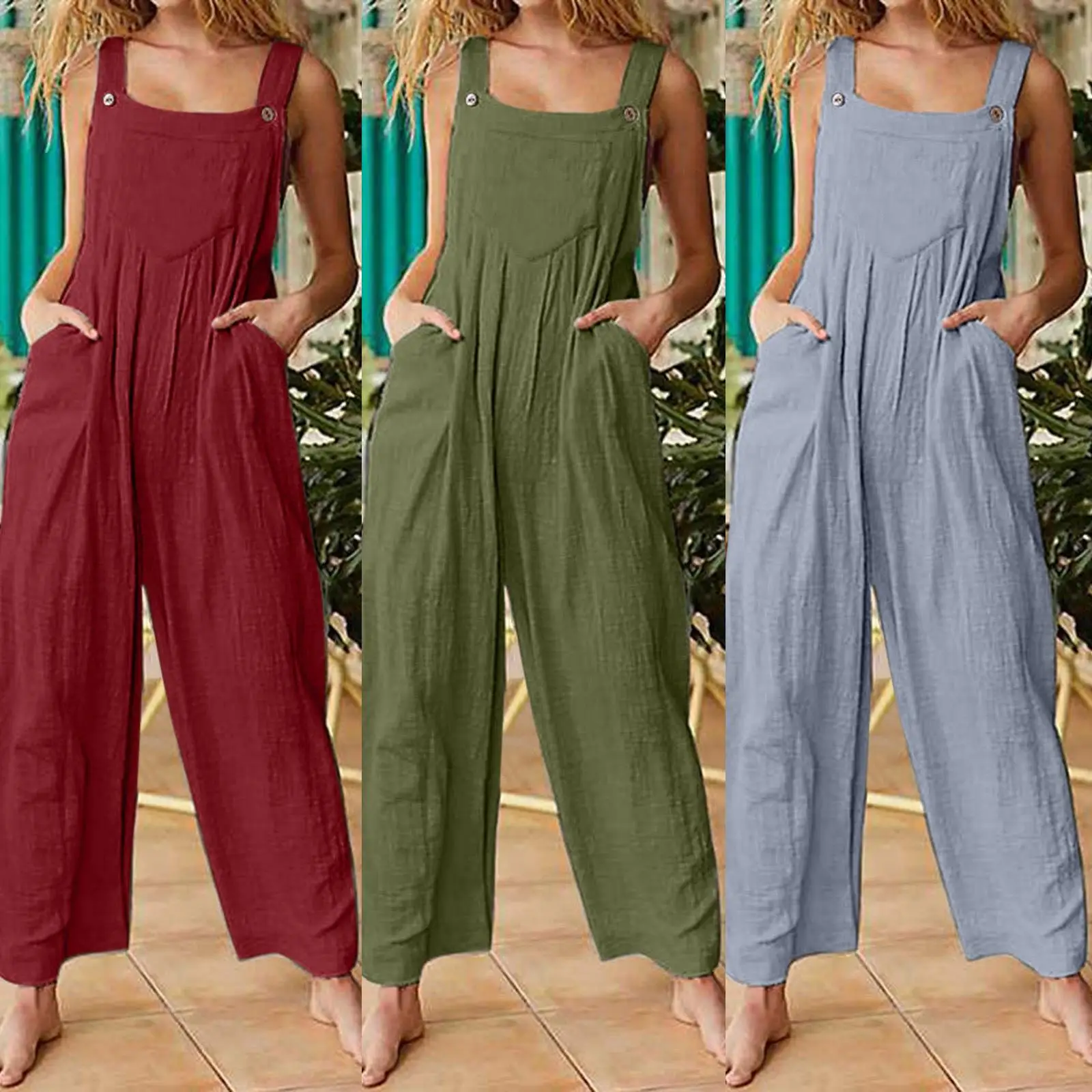 

Women's Wide Leg Side Button Jumpsuit with kets Low Waist ort Pant Spring 2023 Polyester Fiber Casual Faion