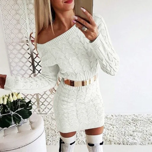 Winter New Medium Length Fluorescent Fried Dough Twists Waist Off Shoulder Sweater Dress Knitwear