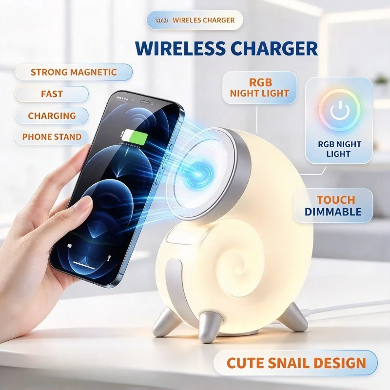 Desktop Decorative Light Magnetic Wireless Charger Stand Snail Design Touch Control Night Light Phone Holder for Bedroom Desk