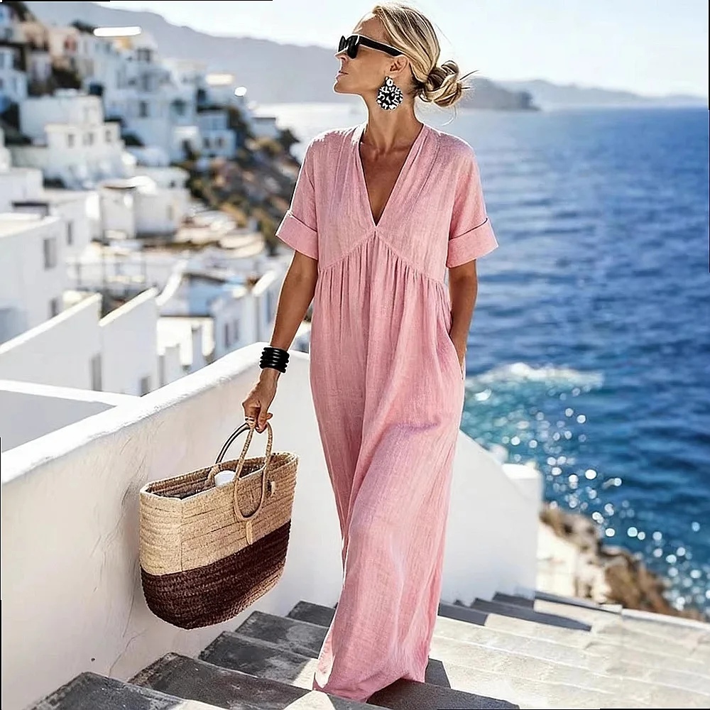 V Neck Short Sleeve Solid Color Women Long Dress Summer Spring Casual Maxi Dress